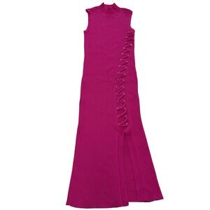 Cache Dress‎ Womens X Small Pink Ribbed Mock Neck Midi Lace Up Side Slit